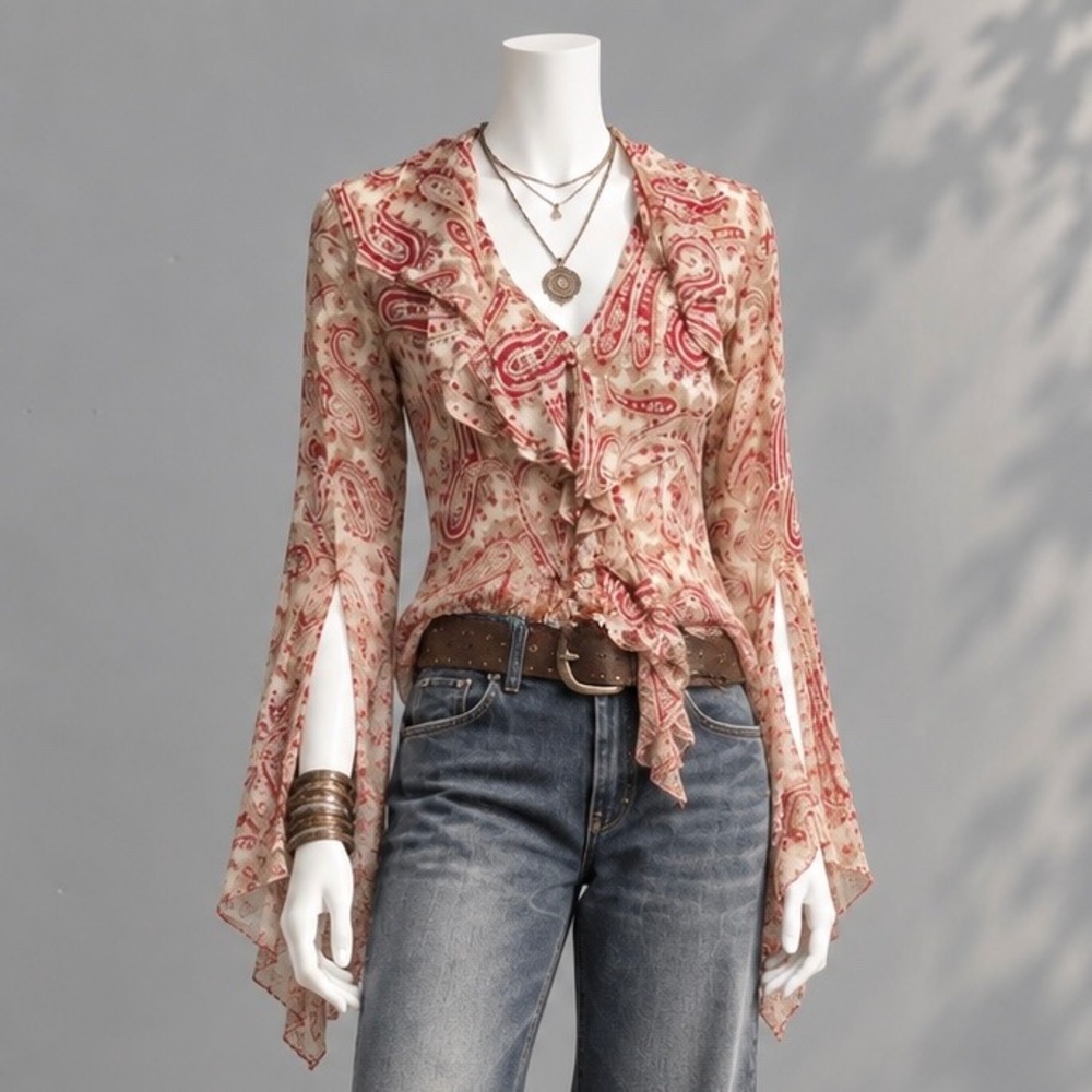 Express Y2K Silk Paisley Blouse S Red Cream Sheer Ruffle Fairy Boho Vintage